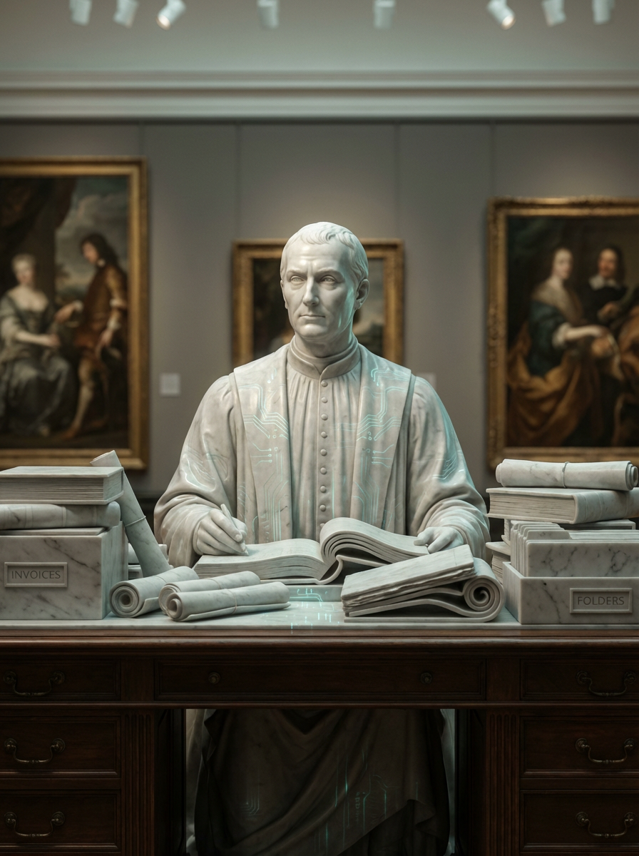 Marble agent sorting paperwork, ledgers, and invoices