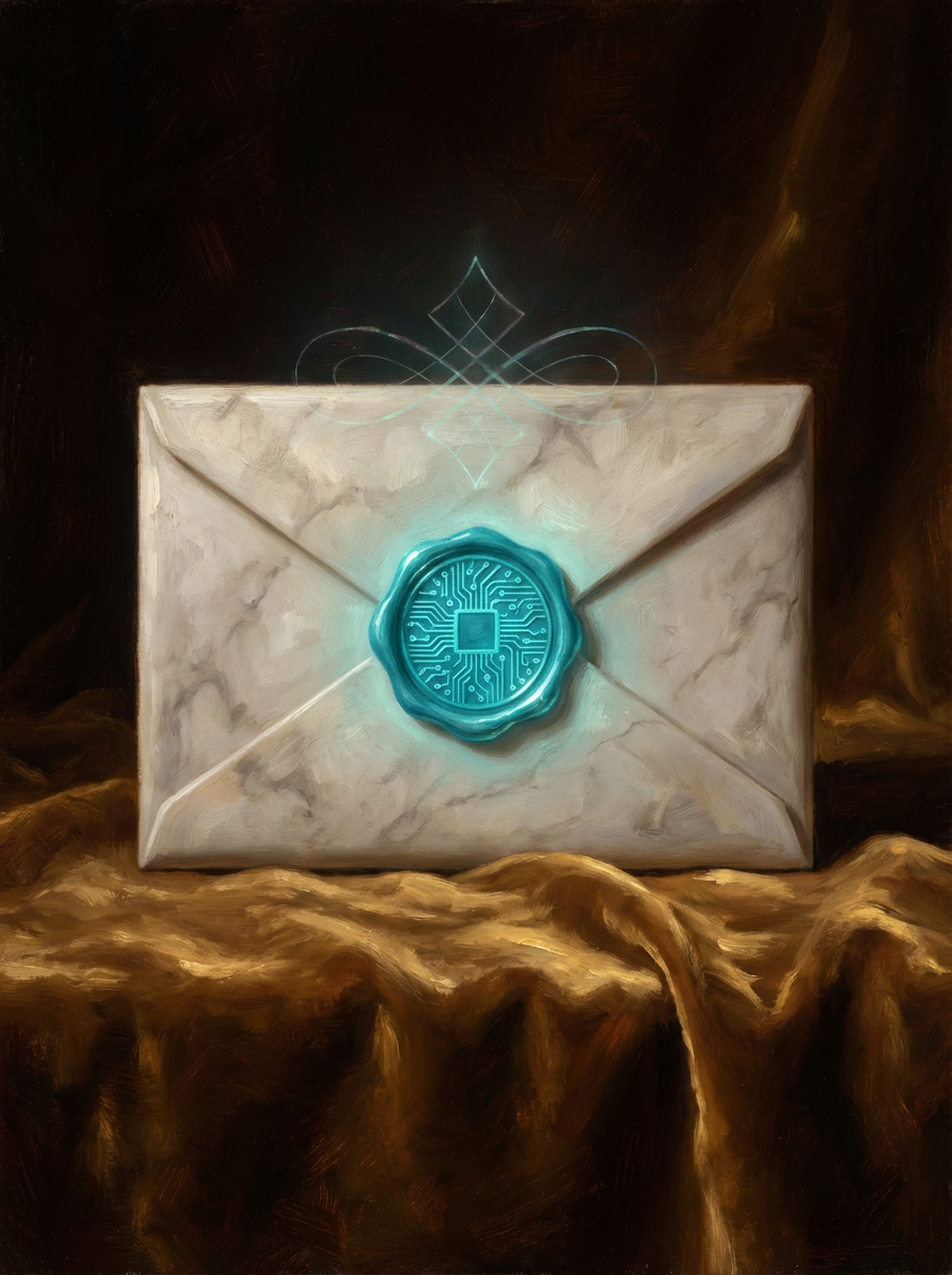 Renaissance-style wax-sealed envelope with glowing circuit patterns