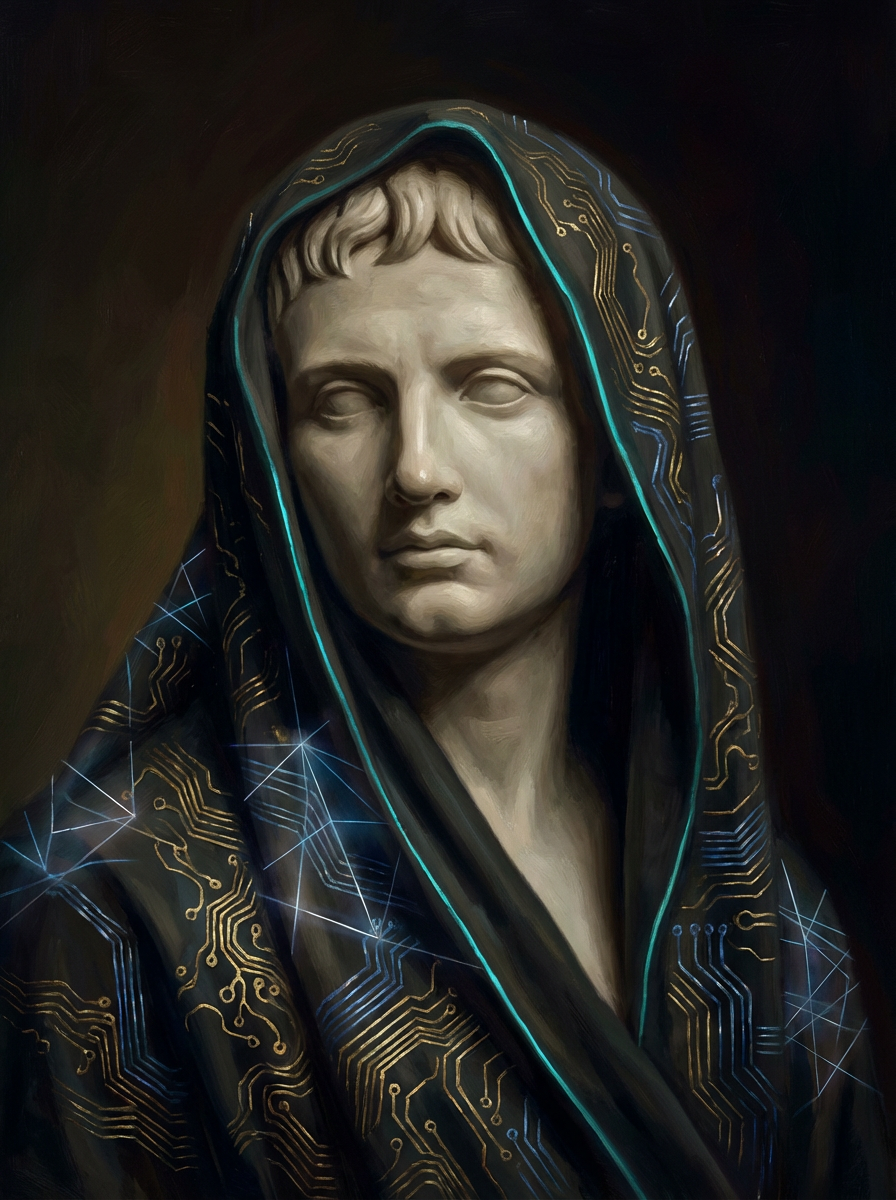 A painterly Renaissance portrait of a composed young figure rendered in marble with faint circuit engravings, representing an example agent we built
